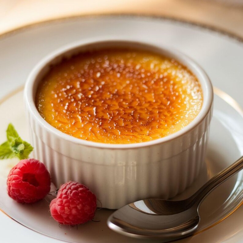 May include: A close-up of a cr&egrave;me br&ucirc;l&eacute;e dessert in a white ramekin, with a caramelized sugar crust. Two fresh raspberries and a sprig of mint are on the plate. A silver spoon rests on the edge of the plate.