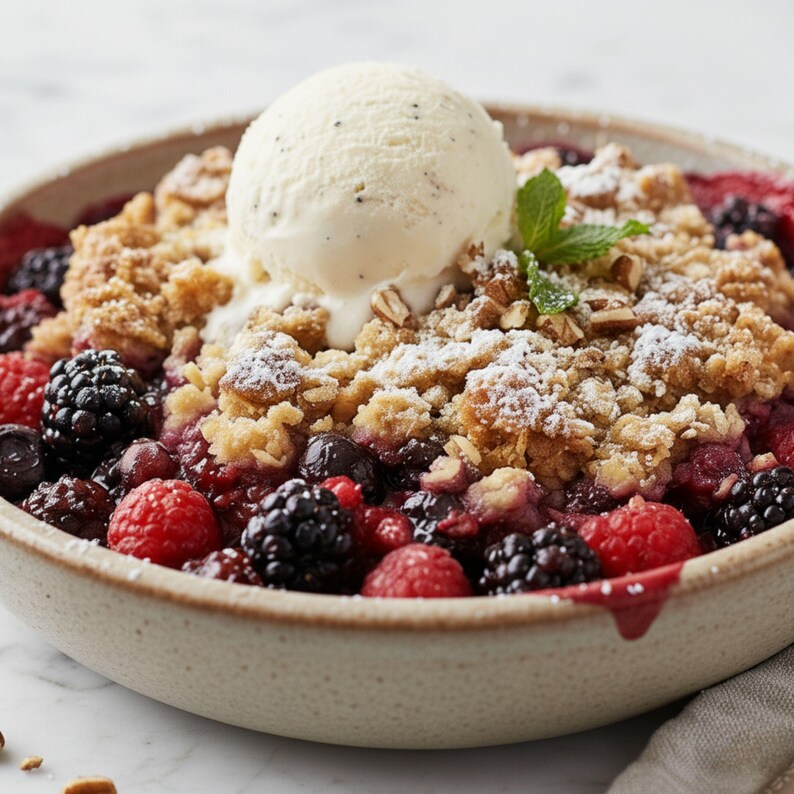May include: A bowl of berry crumble topped with a scoop of vanilla ice cream and a sprig of mint. The crumble has a golden-brown, crumbly topping and is dusted with powdered sugar. The bowl is filled with a mix of fresh berries.