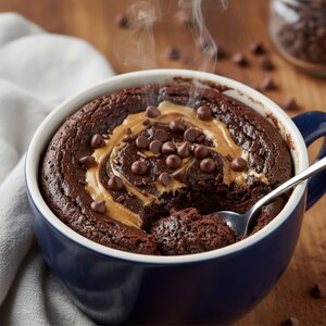 May include: A steaming chocolate mug cake in a blue mug, swirled with peanut butter and topped with chocolate chips. A spoon rests in the cake, with a bite taken out. The mug sits on a wooden surface.