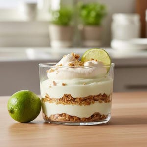 May include: A layered dessert in a clear glass, featuring creamy white and pale green layers with a crunchy, brown layer in between. Garnished with whipped cream, a lime slice, and a whole lime on the side. The dessert is on a wooden surface.