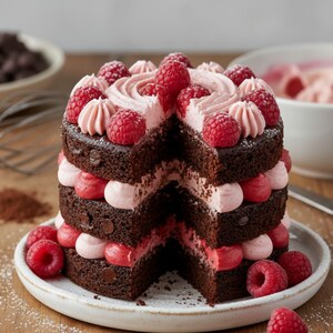 May include: A layered chocolate cake with pink frosting and fresh raspberries. The cake has three layers with chocolate chips and is decorated with swirls of pink frosting and whole raspberries. The cake sits on a white plate.