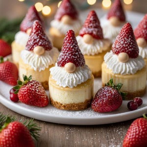 May include: A plate of mini cheesecakes decorated as gnomes. Each cheesecake has a strawberry hat, a whipped cream beard, and a small round candy nose. Fresh strawberries and cranberries surround the plate, creating a festive dessert.
