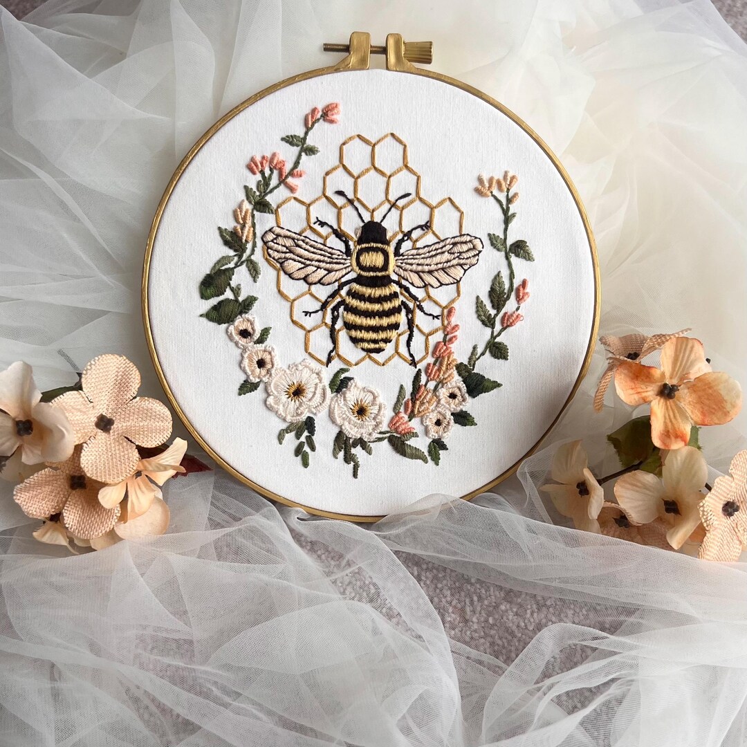 Hand Embroidered Honey Bee Hoop Art | Botanical Floral Cottagecore ...