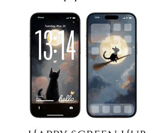 May include: Two iPhone screens displaying digital wallpapers. One shows a black cat silhouette against a moonlit sky, the other a cat on a broomstick. The text "Wallpaper Bundle" and "HAPPY SCREEN HUB" are visible.