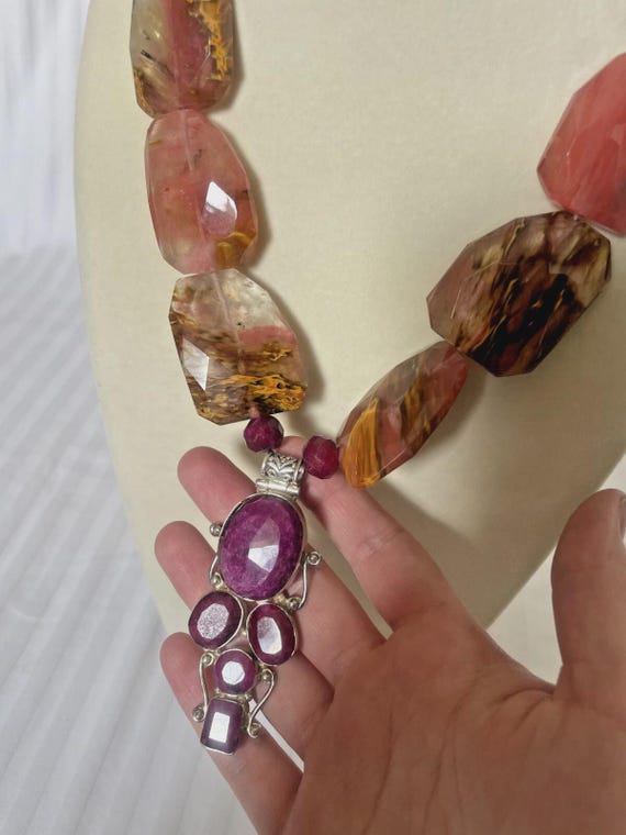 River Ruby, Silver, and Jasper Beaded Statement N… - image 3