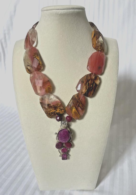 River Ruby, Silver, and Jasper Beaded Statement N… - image 1