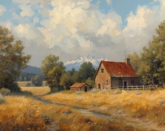 May include: An oil painting of a rural scene featuring a wooden house with a red roof. The landscape includes a dirt track, golden fields, trees, and mountains under a cloudy sky. The artwork conveys a sense of peace and quiet.