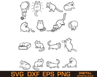 Pet Animal Vector Art – Cat Cartoon Outline Bundle SVG (Digital Download)