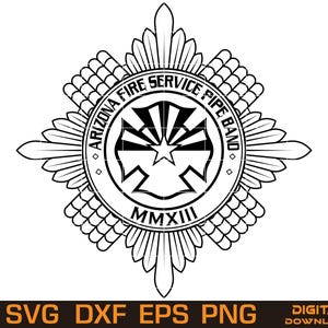 Könnte beinhalten: Schwarz-weißes Abzeichen der Arizona Fire Service Pipe Band. Das Design zeigt ein zentrales Emblem mit einem Stern und dem Text "ARIZONA FIRE SERVICE PIPE BAND" und "MMXIII". Das Emblem ist von einem dekorativen Rand umgeben. Der untere Teil des Bildes enthält den Text "SVG DXF EPS PNG".