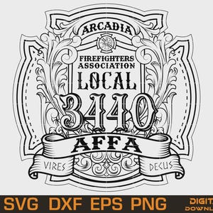 May include: Black and white digital design of a Firefighters Association emblem. The emblem features the text "Arcadia Firefighters Association Local 3440 AFFA" with decorative scrollwork and a Maltese cross.