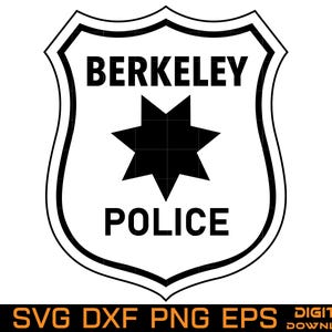 May include: A black and white graphic of a shield-shaped badge featuring the text BERKELEY at the top and POLICE at the bottom, with a solid eight-pointed star centred between the words. The design is presented as a digital file format.
