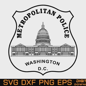 Op de afbeelding: Een zwart-wit grafisch ontwerp met een schildvormig embleem met de tekst METROPOLITAN POLICE in een boog aan de bovenkant en WASHINGTON D.C. aan de onderkant. Het midden toont een lijntekening van het Capitool van de Verenigde Staten.