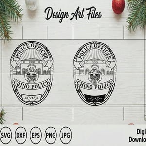 May include: Two black and white digital graphic designs of a Chino Police Officer badge. The oval-shaped badge features the text Police Officer at the top, Chino Police at the bottom, and a central building illustration with the City of Chino seal.
