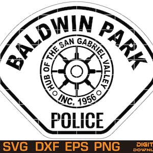 May include: Black and white Baldwin Park Police badge design. The badge is a pentagon shape with the words "BALDWIN PARK" at the top. The center features a wheel design with the text "HUB OF THE SAN GABRIEL VALLEY INC. 1956". The word "POLICE" is at the bottom.