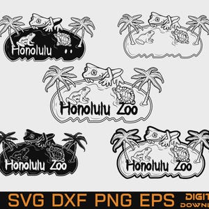 May include: A collection of five black and white graphic designs featuring frogs, palm trees, and the text Honolulu Zoo. The illustrations depict frogs in a pond setting with tropical foliage. The bottom text reads Ai SVG DXF PNG EPS DIGITAL DOWNLOAD.