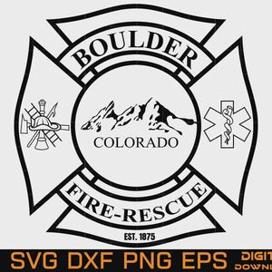 Insignia de bomberos y rescate de Boulder en formato SVG, sello de bomberos y rescate de Colorado, archivo vectorial de corte para grabado de bomberos y rescate de Colorado (descarga digital)