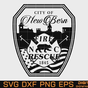 May include: A black and white graphic design featuring a shield-shaped emblem for the City of New Bern Fire Rescue. The design includes a city skyline, a central bear silhouette, crossed tools, the year 1845, and an American flag motif.
