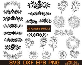 25 Floral SVG Bundle, Wedding Border Clipart, Laser Engraving Ornaments (Digital Download)