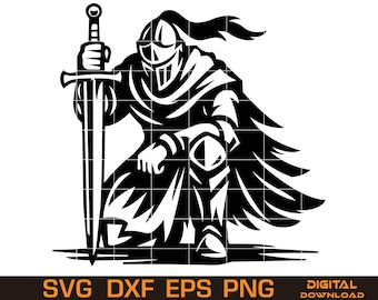 Kneeling Knight SVG | Medieval Knight Line Art Vector | Armor Silhouette Cut File