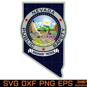 Könnte beinhalten: Ein Grafikdesign, das den Umriss des Bundesstaates Nevada in Dunkelblau mit einem hellgrauen Rand zeigt. Zentriert ist das Siegel des Staates Nevada mit dem Text NEVADA PUBLIC SAFETY und HIGHWAY PATROL sowie dem Motto ALL FOR OUR COUNTRY.