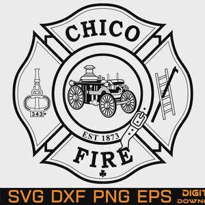 May include: A black and white graphic design of a Maltese cross emblem featuring the text CHICO FIRE and EST 1873. The center depicts a vintage horse-drawn fire engine, while the side panels show a fire nozzle with 343+ and a ladder.