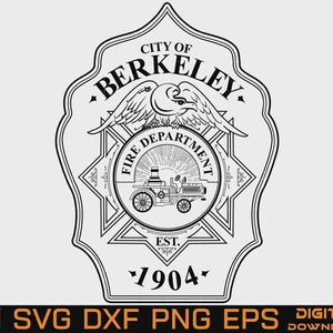 May include: A black and white graphic design of the City of Berkeley Fire Department emblem. The shield-shaped logo features an eagle, a vintage fire engine, and the text City of Berkeley Fire Department Est. 1904, presented in a clean vector style.