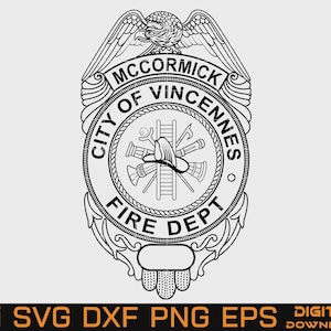 May include: A black and white graphic illustration of a McCormick City of Vincennes Fire Dept badge. The design features an eagle at the top, a central fire helmet, ladder, and tools, with the text MCCORMICK, CITY OF VINCENNES, and FIRE DEPT.