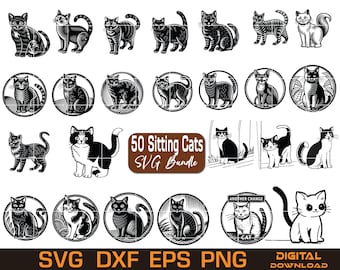 Sitting Cats SVG Bundle | 50 Cat Silhouette Vector Designs for Cricut & Laser Cut