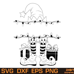 May include: Black and white digital illustration of Christmas elf elements. Features an elf hat with a star, a string of lights, elf legs with striped socks, elf shoes, and wrapped gift boxes with bows. The bottom of the image includes the text "SVG DXF EPS PNG DIGITAL DOWNLOAD".