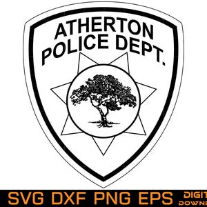 May include: A black and white graphic of the Atherton Police Dept. shield emblem. The shield features a central star containing a detailed tree illustration. Below the shield, the text reads Ai SVG DXF PNG EPS DIGITAL DOWNLOAD.