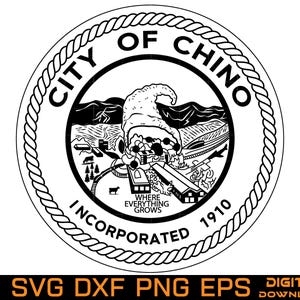 May include: Black and white City of Chino seal design. The circular seal features text that reads "City of Chino" and "Incorporated 1910". The seal includes a detailed illustration of a landscape with the text "Where Everything Grows".