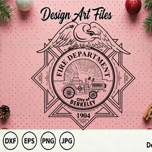 May include: A black line art graphic design on a pink dotted background featuring an eagle perched atop a star-shaped badge. The badge contains the text FIRE DEPARTMENT, City of BERKELEY, and 1904, with an illustration of a vintage fire engine.