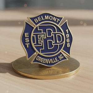 以下が含まれることがあります： 青と金のデザインの、Belmont消防署の金色の金属製エンブレム。エンブレムの中央には「BFD」の文字があり、「Belmont」と「Greenville, SC」、そして年号「1968」の文字が記されています。エンブレムは金色の台座の上にあります。