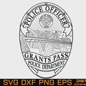 Könnte beinhalten: Eine schwarz-weiße Strichgrafik eines Polizeiausweises mit dem Text POLICE OFFICER oben, dem Siegel des Bundesstaates Oregon und dem Text GRANTS PASS POLICE DEPARTMENT unten, sowie einer Brücke und einer Landschaft in der Mitte.