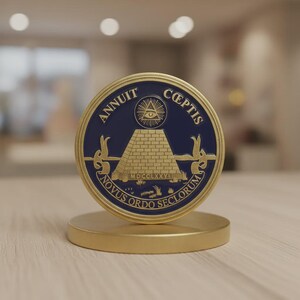 以下が含まれることがあります： 青い縁取りのある金色のコインで、ピラミッドの上に三角形の中の目があります。 コインは金のスタンドに表示されています。 テキスト「ANNUIT COEPTIS」と「NOVUS ORDO SECLORUM」が表示されています。