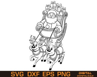 Christmas Coloring Pages SVG – Santa Sleigh, Reindeer (Digital Download)