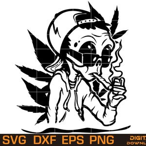 May include: Black and white digital graphic of a cartoon skeleton wearing a cap and sunglasses, smoking a pipe. Marijuana leaves are behind the skeleton's head. The image includes the text "SVG DXF EPS PNG" and "DIGITAL DOWNLOAD".