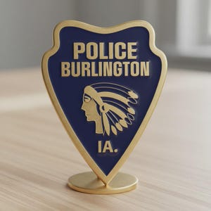 May include: A gold-colored police badge from Burlington, IA, with a blue center. The badge features the words "POLICE BURLINGTON IA." and a profile of a Native American person wearing a headdress. The badge is on a gold-colored stand.