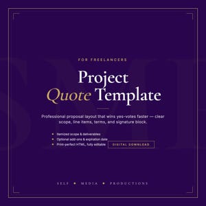 Peut inclure: Un modèle de devis de projet numérique pour freelances sur fond violet foncé avec du texte doré. Il comprend le titre, une description de la mise en page, une portée détaillée, des options, une date d'expiration et un bouton de téléchargement.