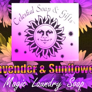 Puede incluir: Jabón de lavandería mágico de lavanda y girasol sobre un fondo rosa y morado con un sol con cara y el texto "Celestial Soap & Gifts".