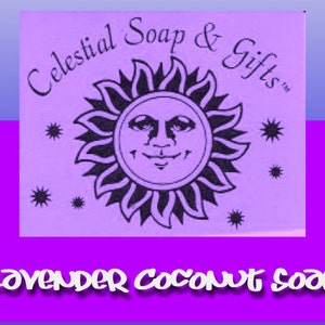 May include: Purple and white label with a sun and stars design. The text reads "Celestial Soap & Gifts" and "Lavender Coconut Soap".