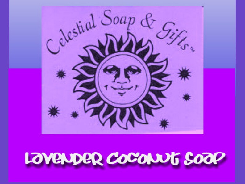 May include: Purple and white label with a sun and stars design. The text reads "Celestial Soap & Gifts" and "Lavender Coconut Soap".