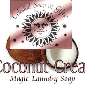 May include: Coconut Cream Magic Laundry Soap with a pink and white label featuring a sun with a face and the text "Celestial Soap & Gifts".