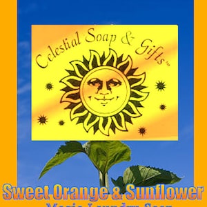 May include: A bar of laundry soap with a sweet orange and sunflower scent. The soap is packaged in a yellow wrapper with a sun and the text "Celestial Soap & Gifts".