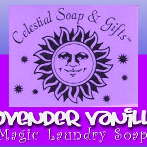 May include: Purple and white label featuring a sun and stars design. The text reads "Celestial Soap & Gifts" and "Lavender Vanilla Magic Laundry Soap".