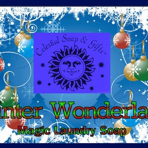 Puede incluir: Una imagen de temática invernal con un fondo azul y copos de nieve blancos. La imagen presenta un sol azul y blanco con una cara sonriente y el texto "Celestial Soap & Gifts" en un círculo blanco. El texto "Winter Wonderland Magic Laundry Soap" está en letras verdes, rojas y amarillas.