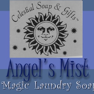 Puede incluir: Una ilustración en blanco y negro de un sol con una cara. El sol está rodeado de estrellas. El texto "Celestial Soap & Gifts" está por encima del sol. El texto "Angel's Mist Magic Laundry Soap" está por debajo del sol.