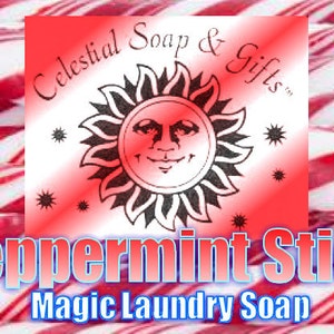 Puede incluir: Un bastón de caramelo de menta roja y blanca con el texto "Peppermint Stick Magic Laundry Soap" y un logotipo para "Celestial Soap & Gifts" que presenta un sol con una cara.