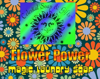 May include: A colorful floral design with the text "Celestial Soap & Gifts" and "Flower Power Magic Laundry Soap" in a yellow font.