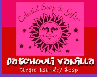 May include: Pink and red background with a stylized sun with a face and the text "Celestial Soap & Gifts" above it. Below the sun is the text "Patchouli Vanilla Magic Laundry Soap".
